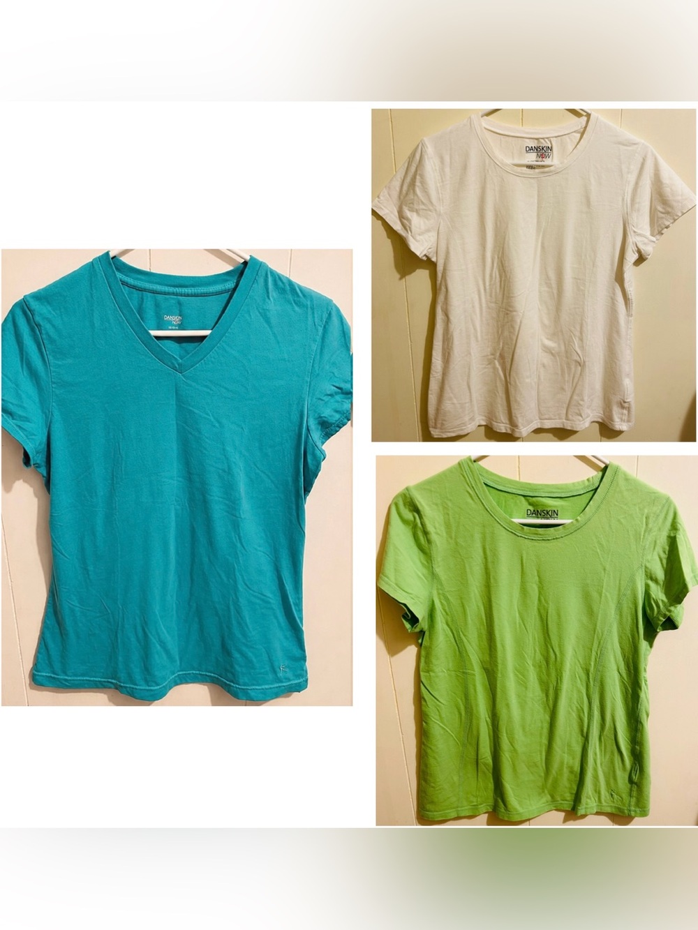 3 Large Danskin Women's Athletic T-Shirts - Teal Blue, Green, & White.